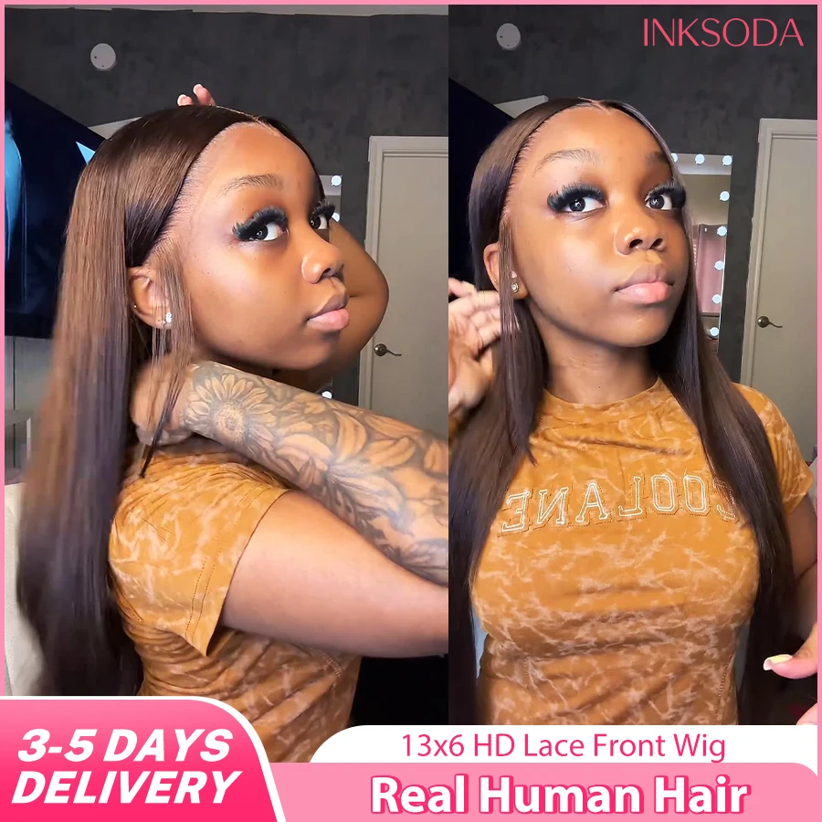 

220% Density Chocolate Brown 13x6 13x4 HD Transparent Lace Front Human Hair Wigs Straight Human Hair Wig 34 Inch #4 Colored Wigs For Natural Look Human Hair Wigs For Women Straight Brazilian Pre-Plucked Prebleached Chocolate Brown Wig