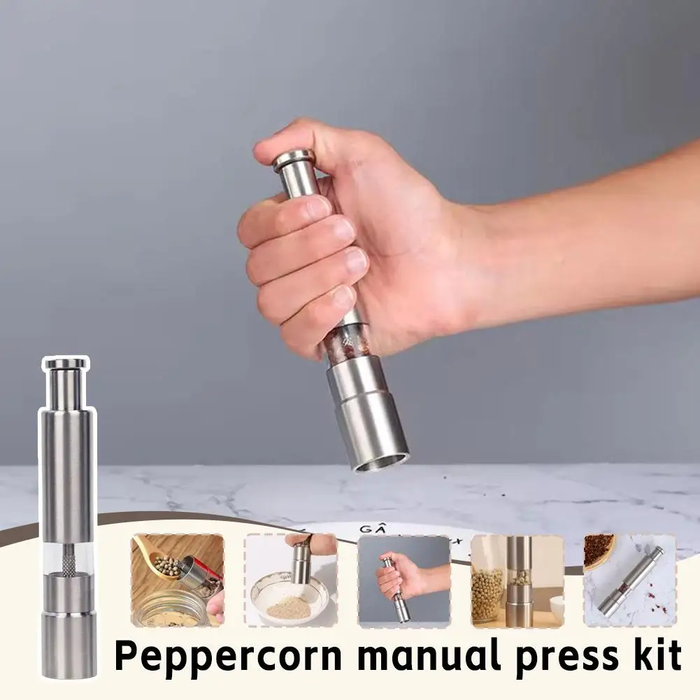 Hand Press Pepper Grinder Stainless Steel Body Visible Transparent Spice Tank Refillable Mini Seasoning Grinding Cooking Utensil
