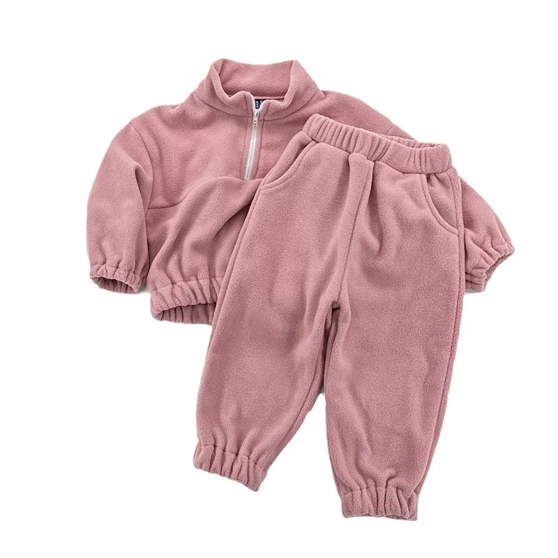 Suit Fall and Winter Baby Plush Set Stand Up Collar Sports Head Set Baby Shake Fleece Outer Two Piece Set Fashion and Versatile