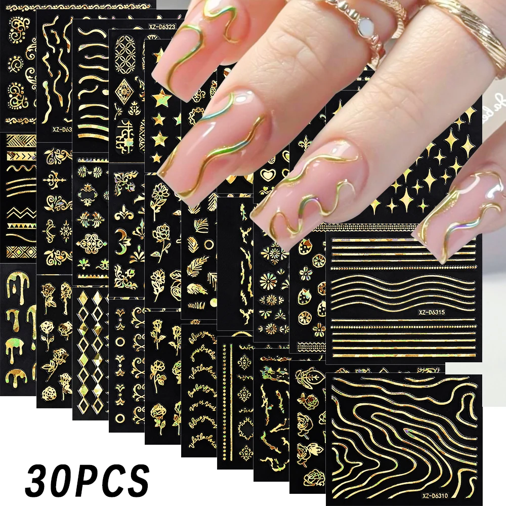 30Pcs Laser Gold Silver French Line Nail Stickers Holographic Metallic Geometry Sliders Self Adhesive Wave Strip Manicure Decals
