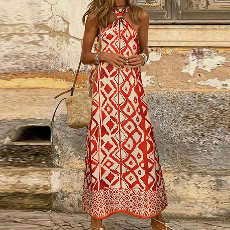 

Шикарное повседневное платье с бретелькой на шее и геометрическим принтом, летнее свободное женское платье без рукавов, элегантное вечернее платье с разрезом и вырезами