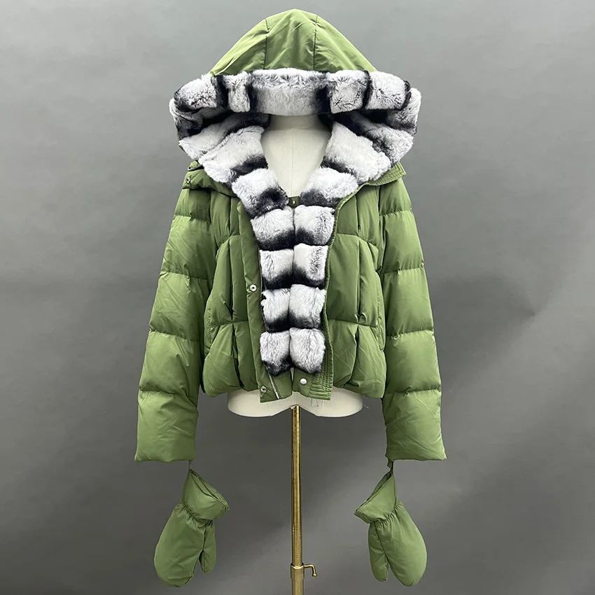 JANEFUR 冬ホワイトグースダウンジャケット大レックスウサギの毛皮フード付きパファージャケット女性厚く暖かいニットスリーブ JFB8-25009