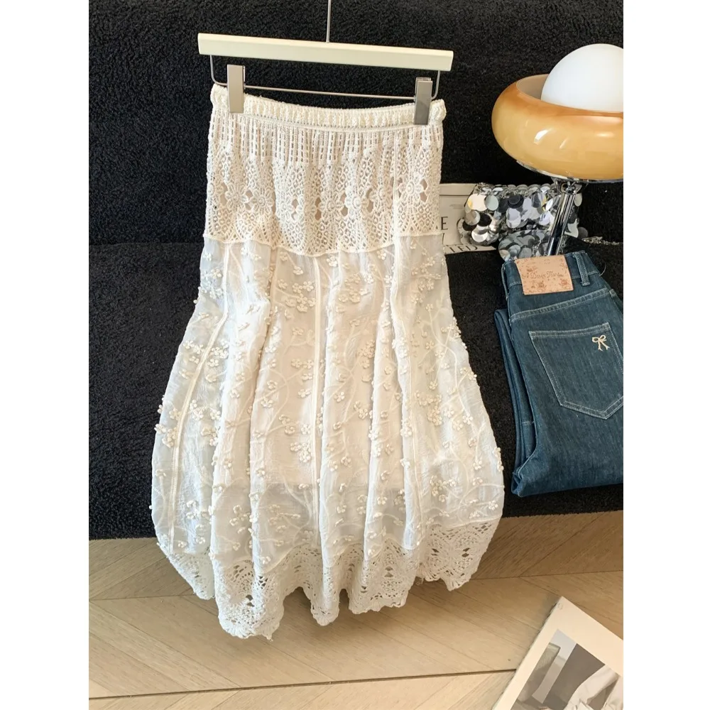 Elegant White Embroidered Heavy Work Lace Half Skirt Women's Gentle Style High Waist Long A-Line Loose Flared Skirt