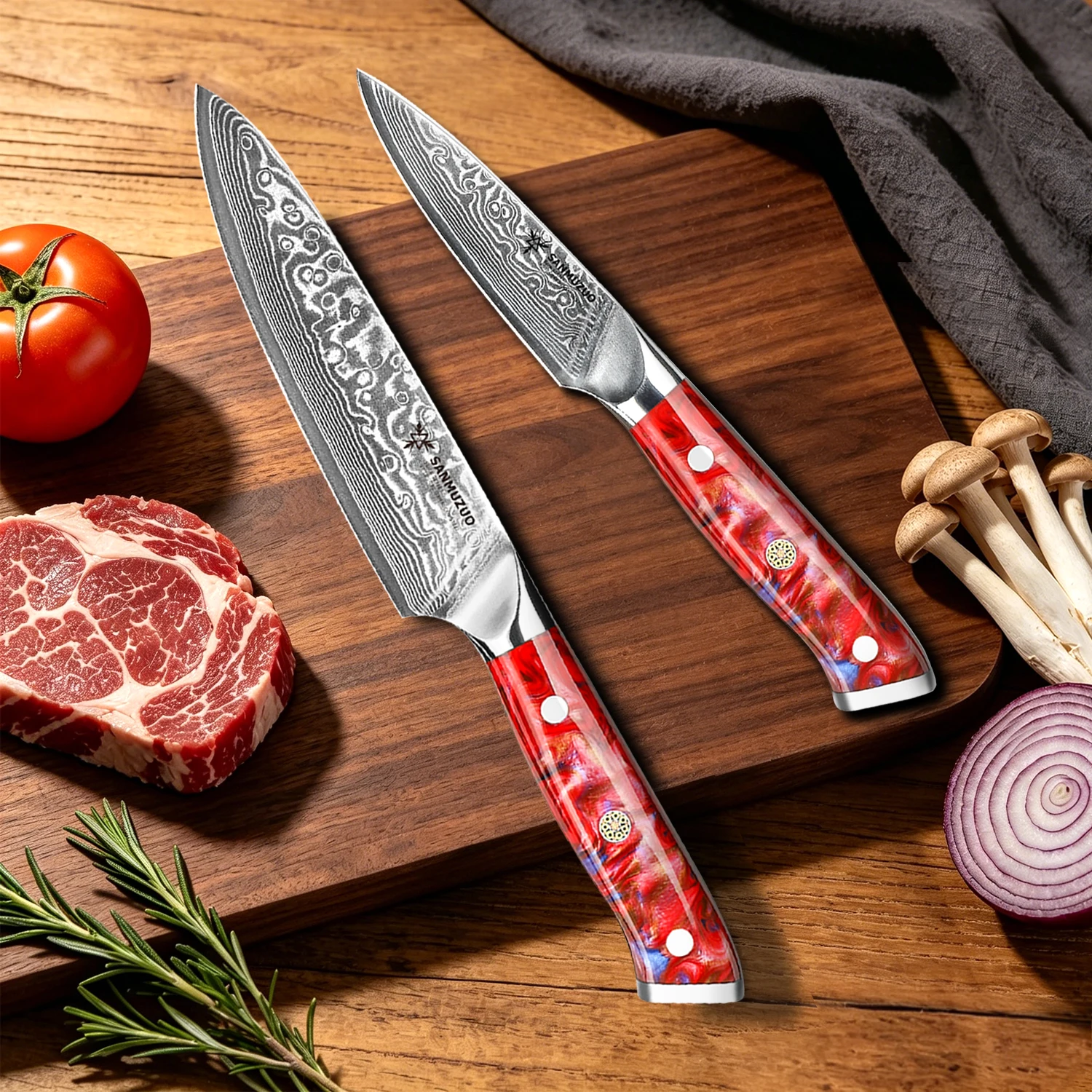 2PCS Xuan Series Damascus Steel Knife Set - Ultra Sharp Utility Knife&Paring Knife with Resin Handle -Home Cooking Kitchen Tools