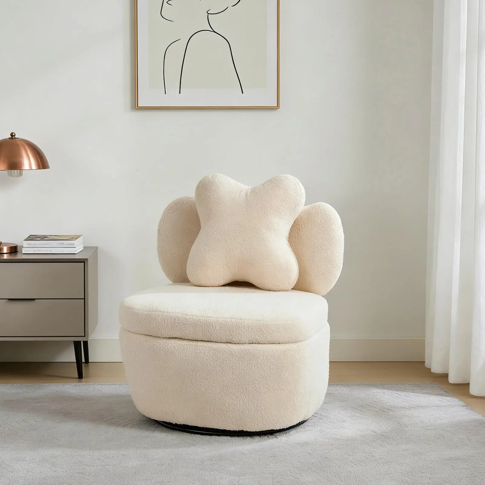 360 Degree Rotating Swivel Accent Chair Teddy Velvet Armchair With Heart Back Ergonomic Upholstered Single Sofa And Hidden Storage Compartment Lounge Chair For Living Room Bedroom