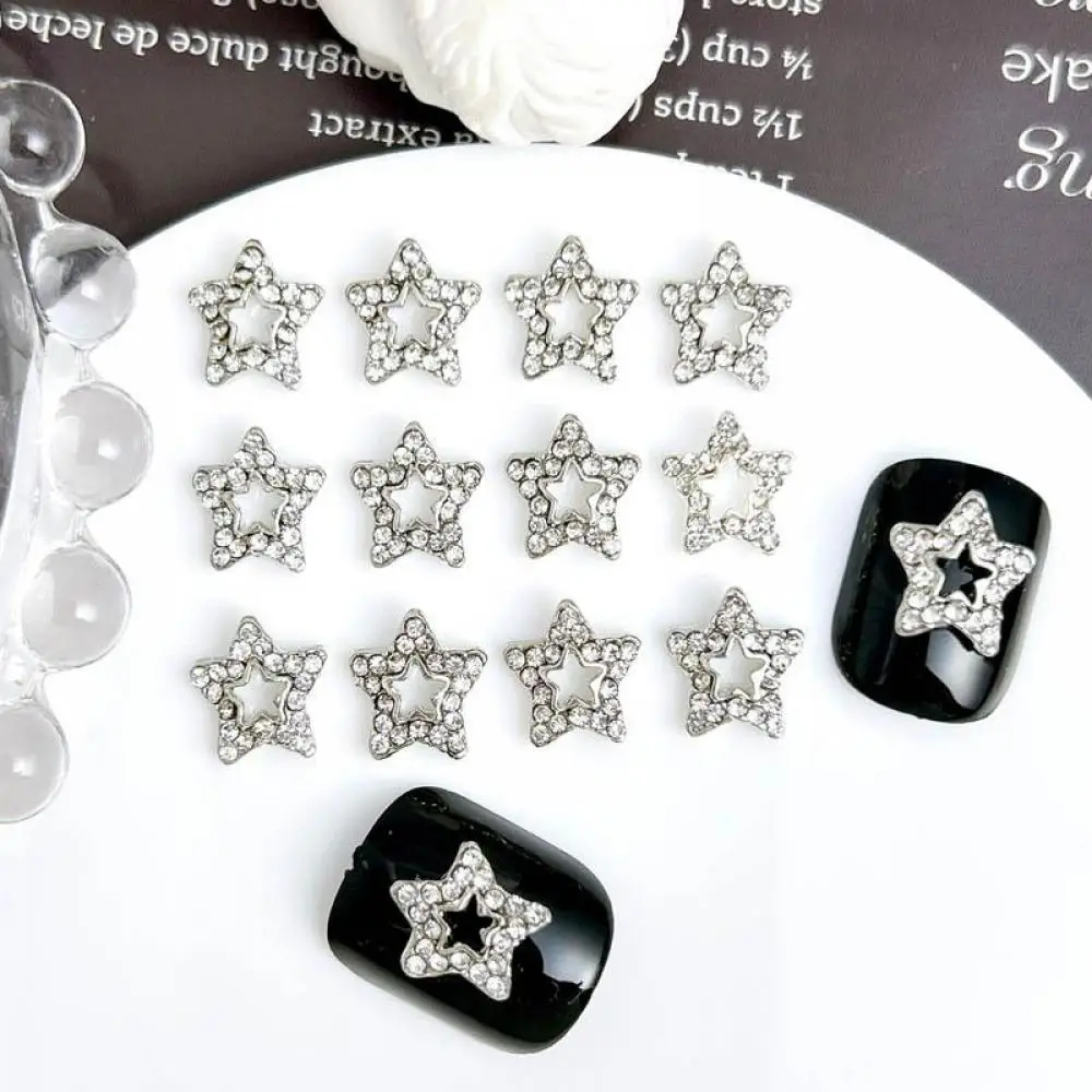 3D Minimalist Alloy Pentagram Nail Charms Hollowed-out Silver Stars Mini Full Rhinestones Inlaid Nail Art Decorations DIY Nails