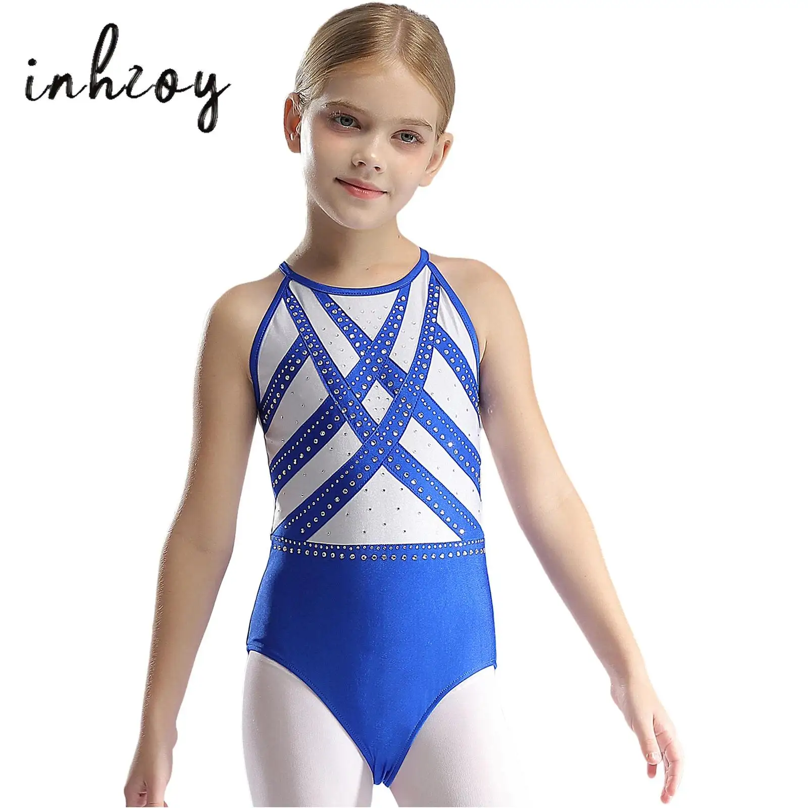 

Kids Girls Shiny Rhinestones Gymnastics Leotard Sleeveless Keyhole Back Color Block Bodysuit Figure Skating Dance Performance