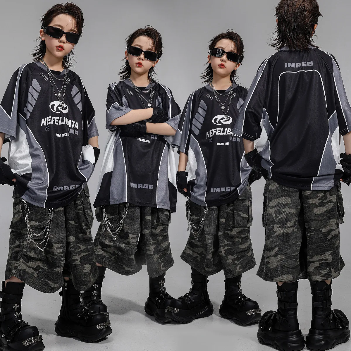 

Kid Kpop Hip Hop Clothing Black Gray Print T Shirt Top Camouflage Casual Cargo Shorts for Girls Boys Jazz Dance Costumes Clothes