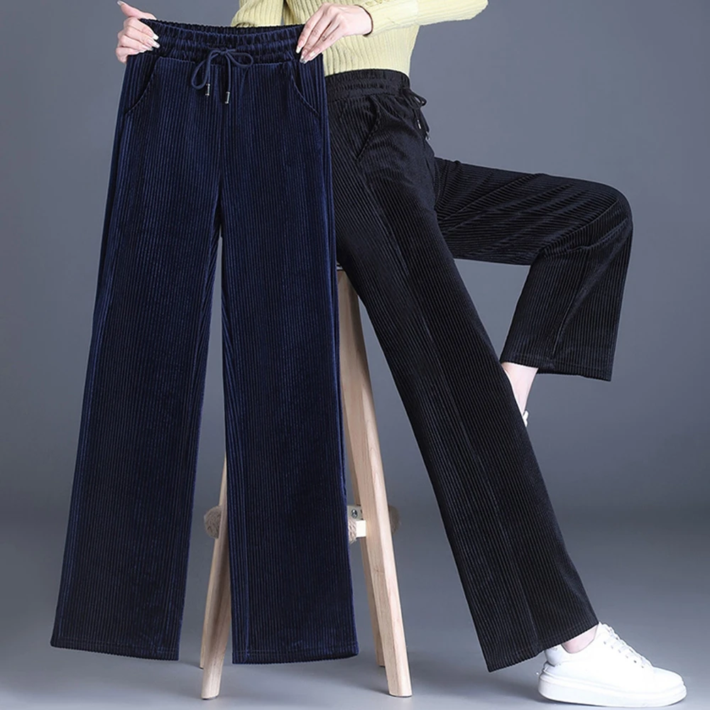 Women's High-Quality Lace up Loose Velvet Pants With Thick insulation and Elastic High Waisted Winter Velvet Wide leg pants 6XL