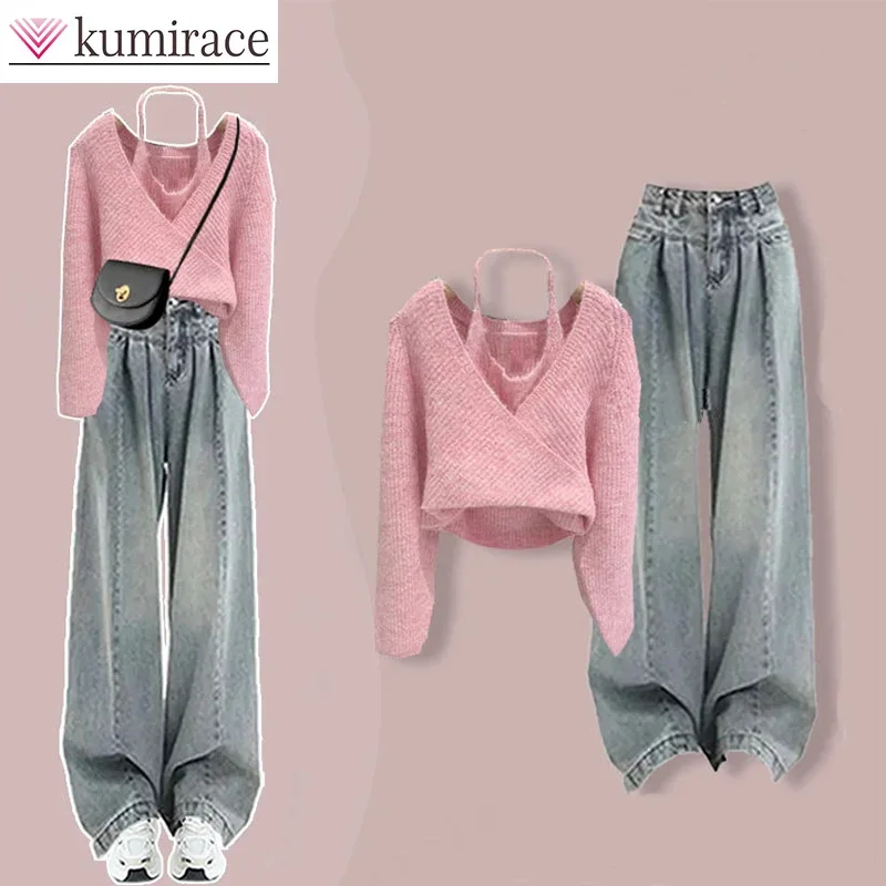 2024Autumn Women\'s Korean Edition New Knitted Top High Waist Jeans Two Piece Set for Women winter clothes2 piece knitted set