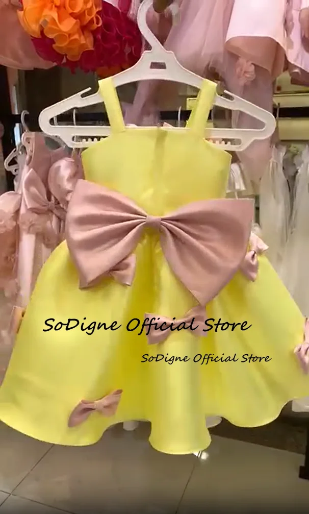 SoDigne A-lijn satijnen bloemenmeisjesjurk met strik Mouwloze prinsesrok Jurken Arabische meisjes verjaardagsfeestje jurk op maat