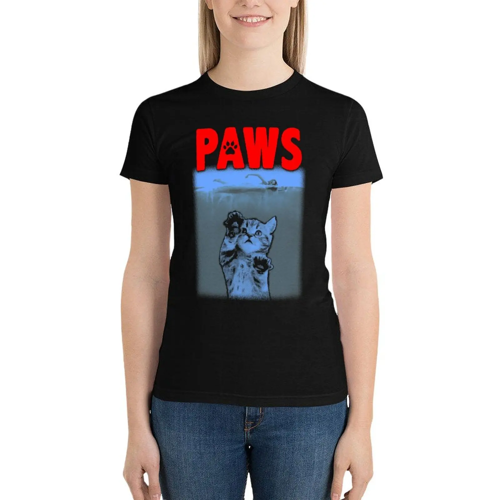 PAWS Kitten JAWS Parody T-Shirt aesthetic clothes cute tops tees oversized oversized workout shirts for Women