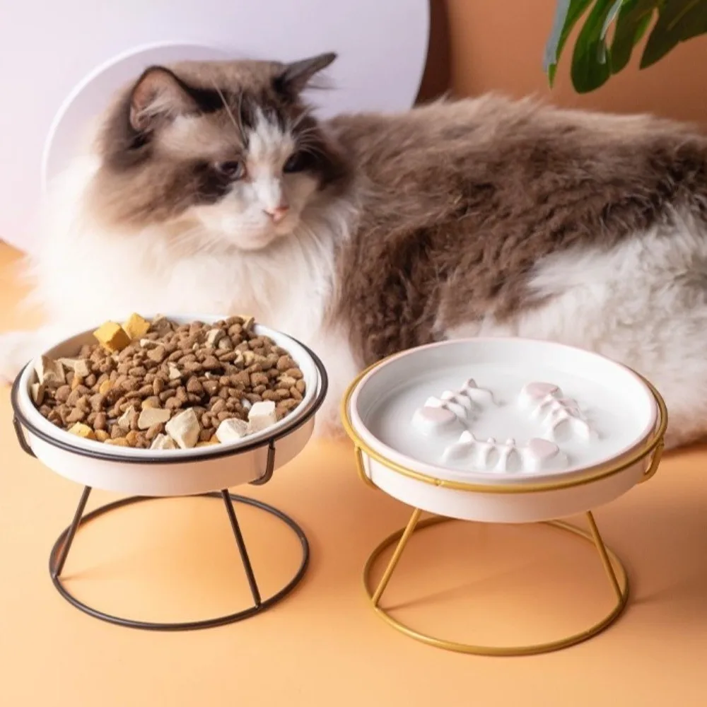 Comedero elevado de cerámica para mascotas, de gran diámetro, con protección para el cuello, comedero lento, tazón de agua para gatos de cara plana, antiespalmo