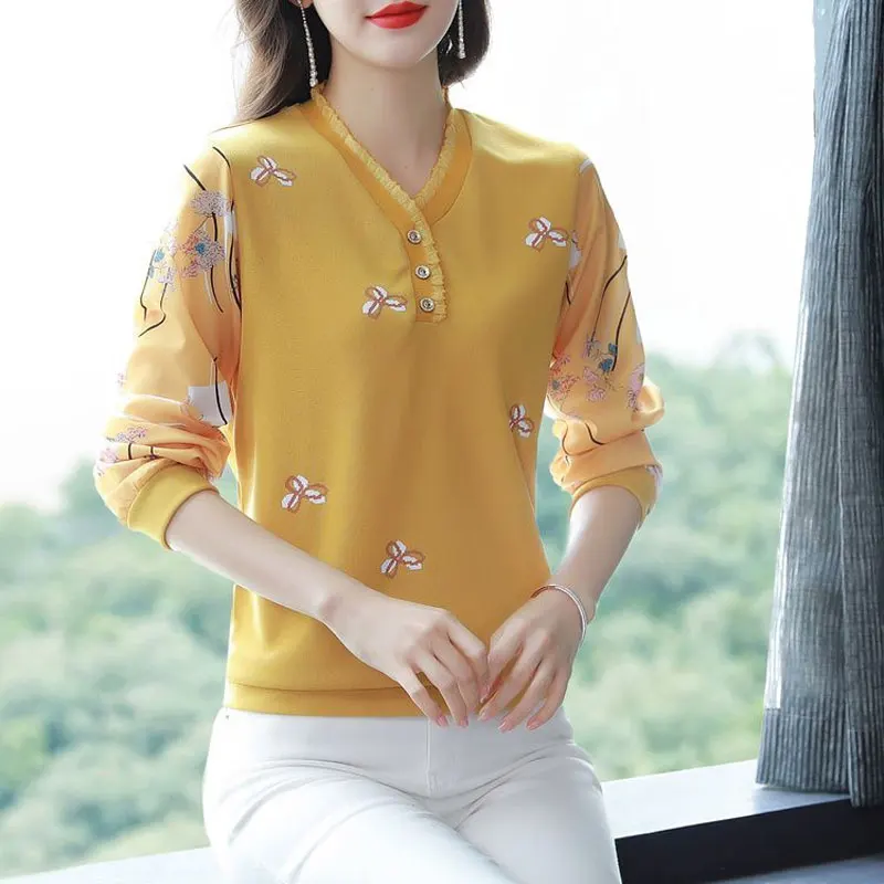 Casual Floral Printed Shirt Elegant V-Neck Button Spring Autumn Long Sleeve Female Clothing Commute Folds Spliced Loose Blouse