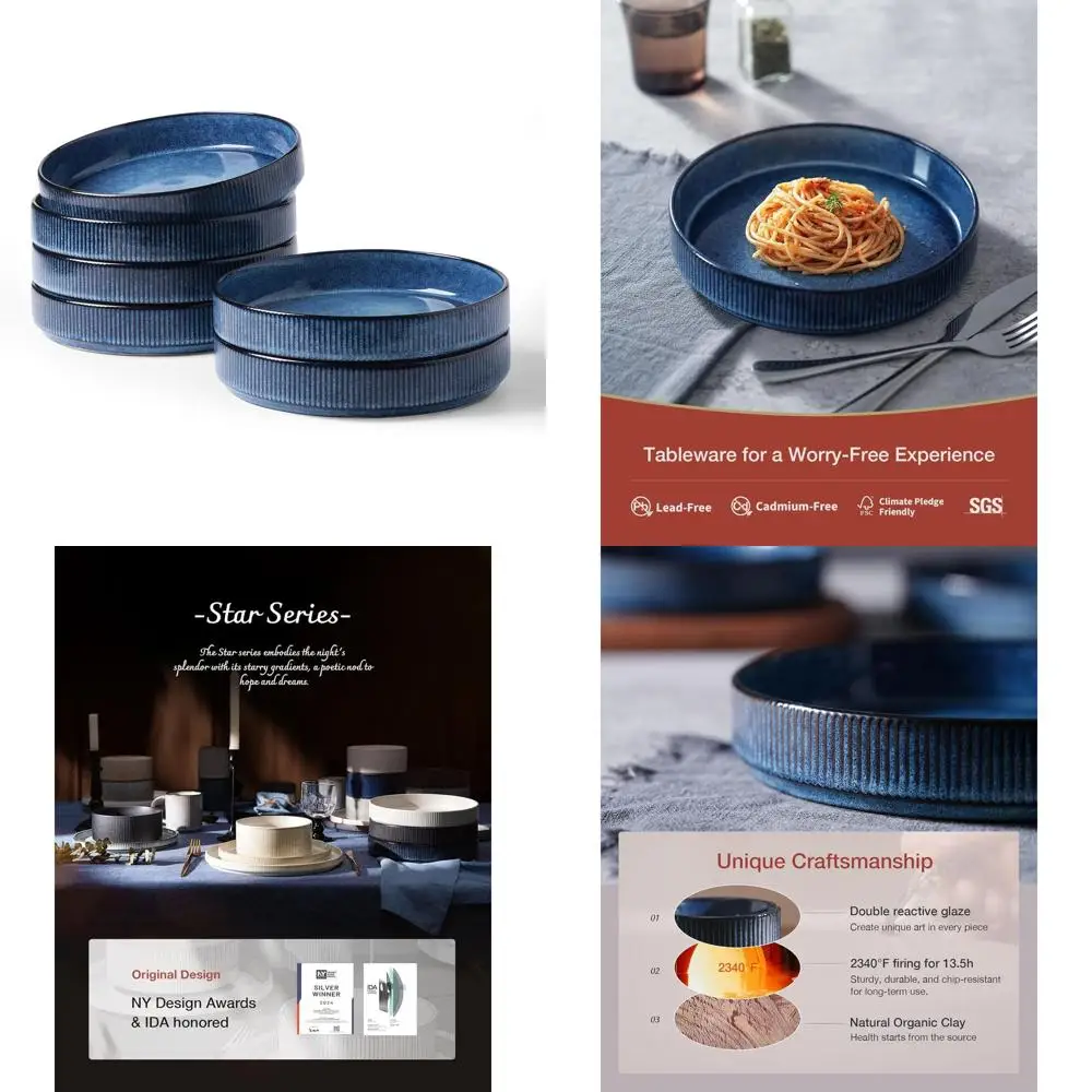 Juego de 6 Tazones para Pasta Nebula Blue 8.25, Vajilla Grande, Tazones Poco Profundos para Servir Ensaladas