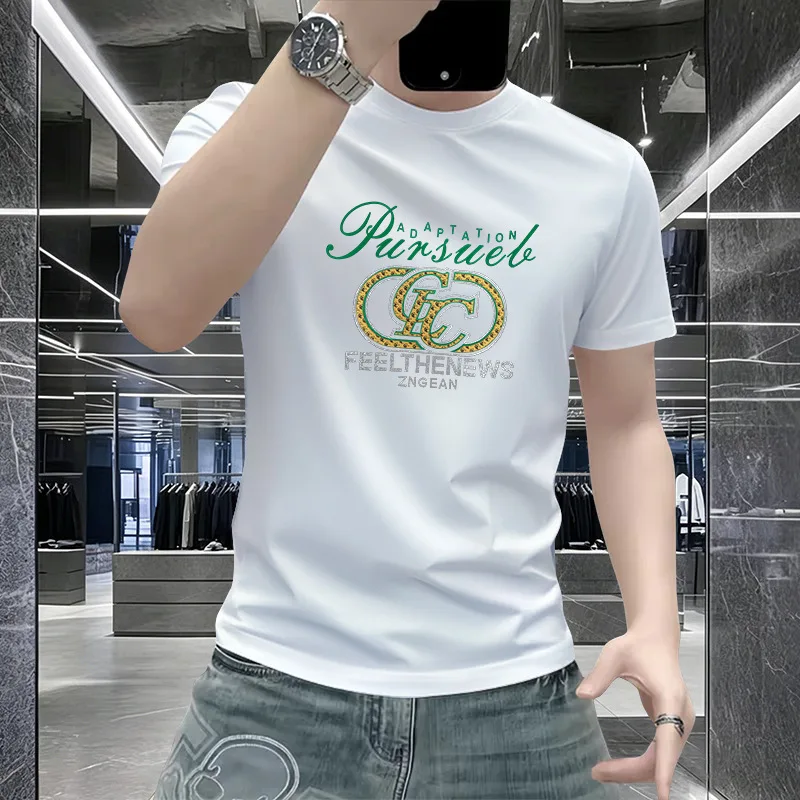 Trendy Men Round Neck T Shirt With Minimal Rhinestone Print Casual Man Tees All Match Short Sleeve Tops For Young Men Clothing