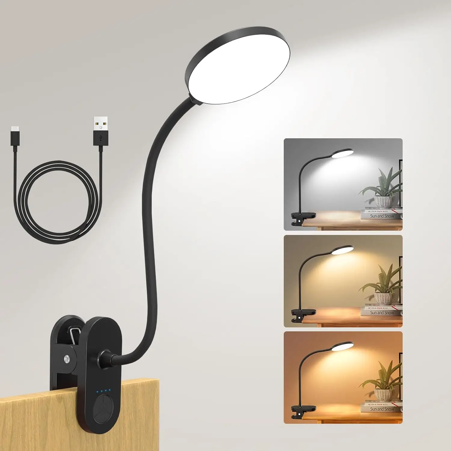 61/97Leds USB Rechargeable Battery Reading Lamp Black/White/Pink 2000mAh 3 Colour Modes Flexible Gooseneck Clamp Book Light