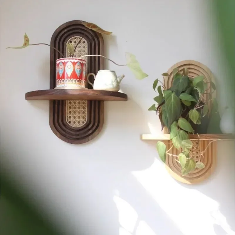 Bamboo Wooden Style Chinese Wall Decoration Shelf Bedroom Living Room Background Handmade Wall Rattan flower Storage Rack