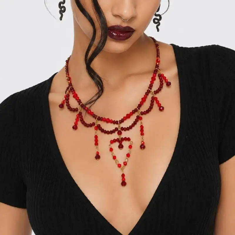  Dark Red Multi-Strand Necklace Crystal Beaded Collarbone Drape Neck Chain