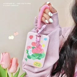 Students ID Bus Card Holder Tulip Bear Rabbit Card Holder with Elastic Rope Credit Cards Protectors Sleeve Pink Bank Cards Cover