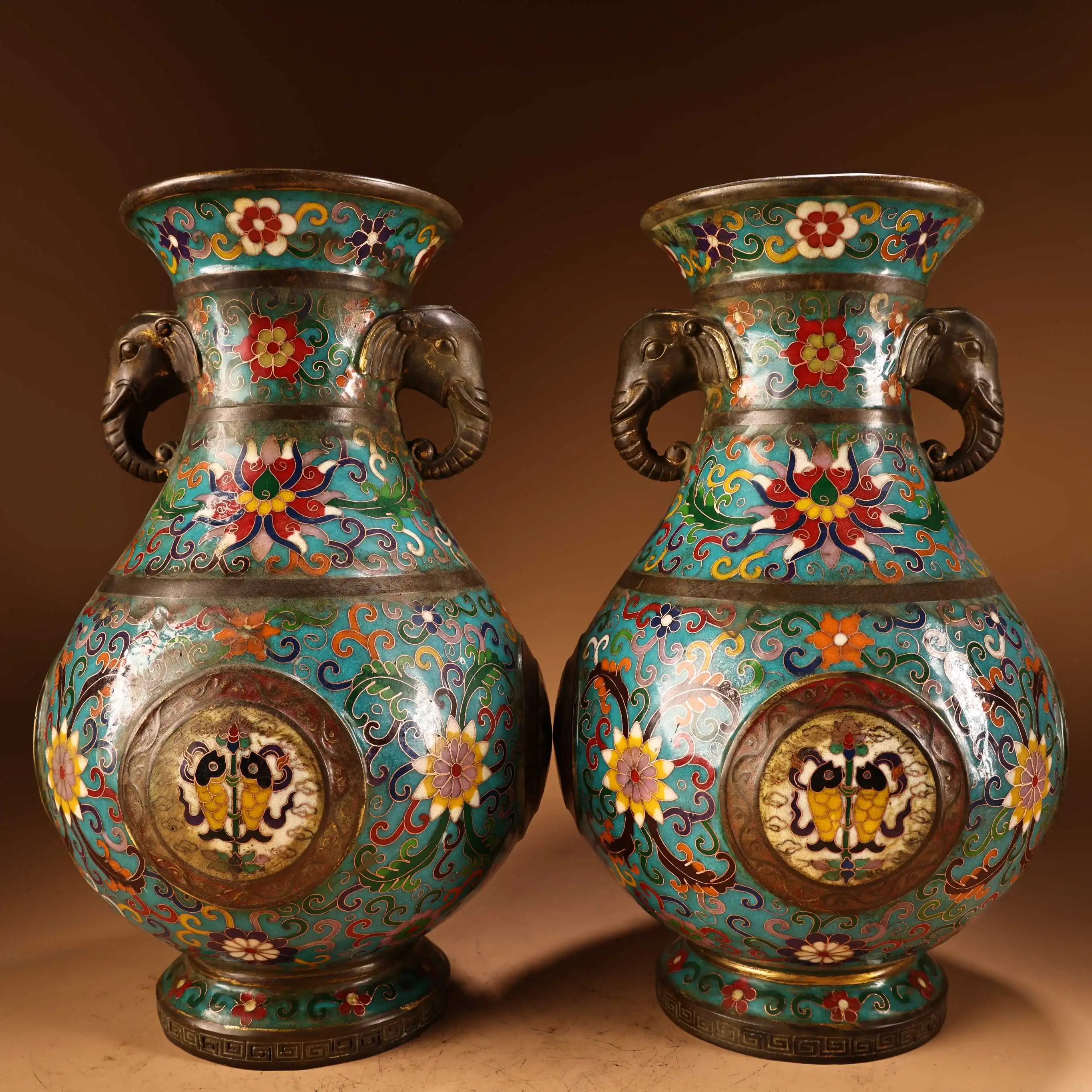 Old Bronze Cloisonne Enamel Floral Pattern Elephant Head Double Ear Bottle Vase A Pair Amass wealth Ornaments Town House