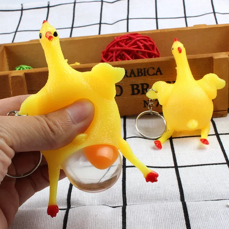 Funny Chicken Egg Laying Hens Crowded Stress Ball Keychain Creative Funny Spoof Tricky Gadgets Toys Chicken Keyring Key Chains