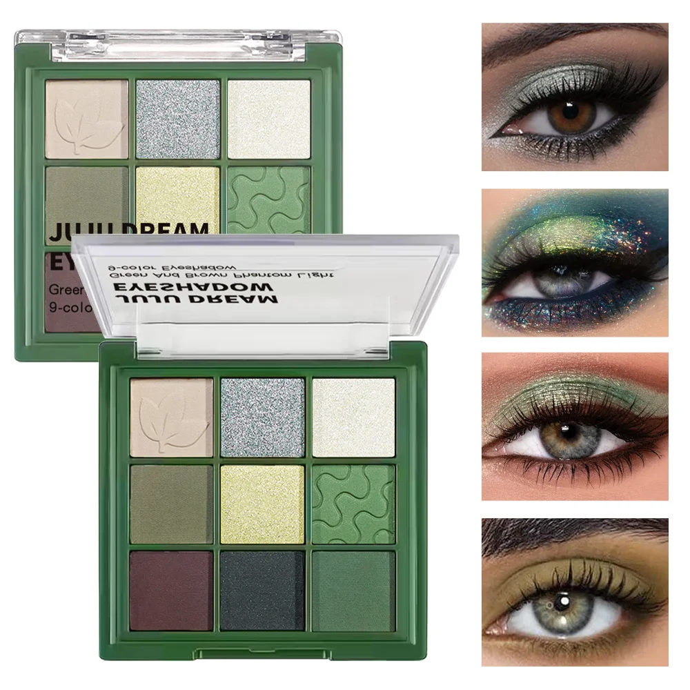 9-Color Eyeshadow Green & Brown Phantom Glow , Ultra-Fine Silky Powder, High Pigment, Easy Blend, Long Lasting Daily Makeup