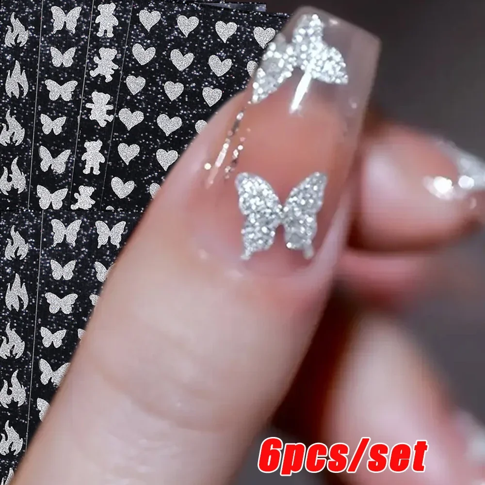 1-6 teile/satz Glitter Diamant Silber Schmetterling Nail art Gesicht Aufkleber Selbstklebende Glänzende Stern Herz Nägel Aufkleber maniküre Aufkleber