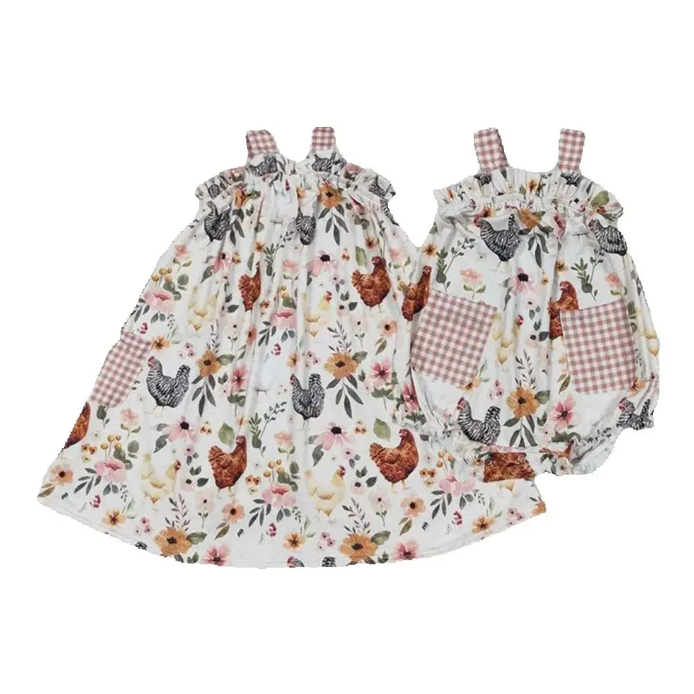 

Baby kids clothing Sibling summer girls Sibling Baby Girls Chicken Flowers Farm Romper Dresses