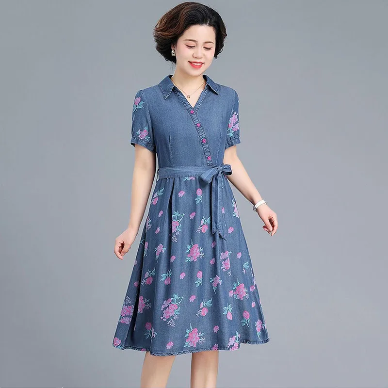 Mother Fashion Printing Waistband Denim Dress 2024 Summer New Slim And Age-Reducing Temperament  Cowgirl Dresses