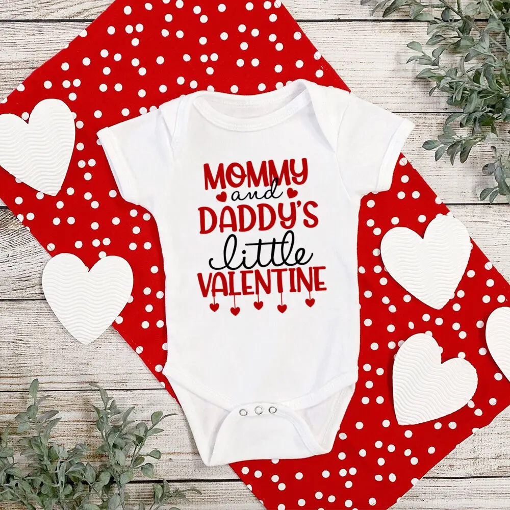Mommy and Daddy\'s Little Valentine Print Baby Bodysuit Valentine\'s Day Infant Outfit Newborn Short Romper Holiday Baby Jumpsuit
