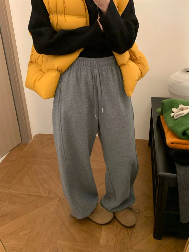 Korean Style Casual Thickened Fleece Straight Leg Sweatpants Women's Drawstring Elastic Waist Wide Leg Long Pants