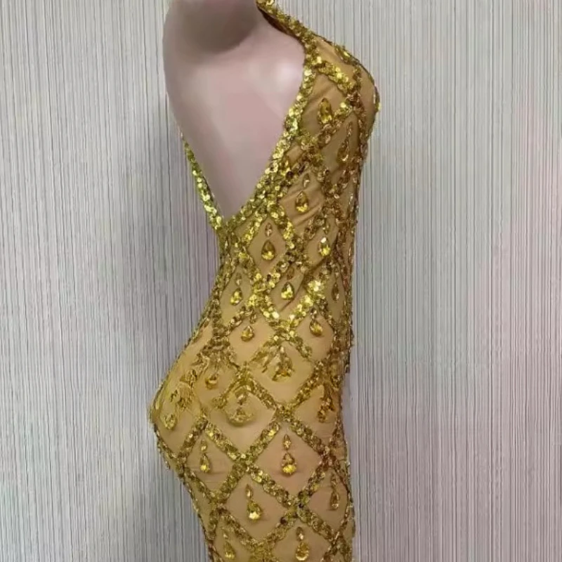 Vestido de noche dorado para mujer, elegante, envío gratis, Sexy, con diamantes de imitación, para cumpleaños, discoteca, vestidos para mujer 2025 