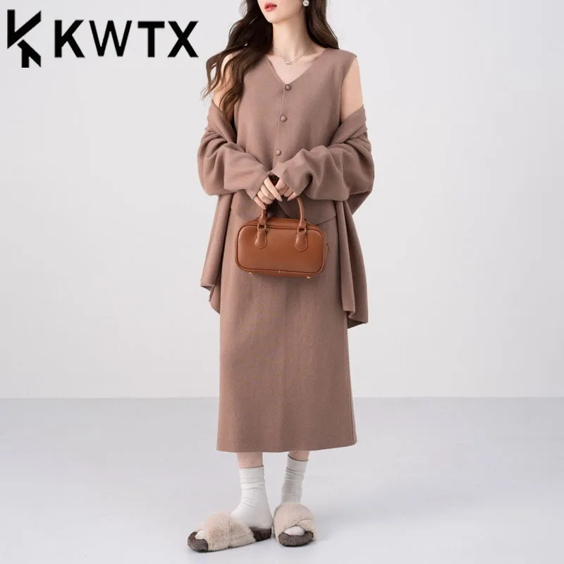 

KWTX 2025 Spring Summer Women’s 3 Pcs Set Solid Color Casual Slim Fit Knit Cardigan V-Neck Vest Elegant Midi Skirt Outfit