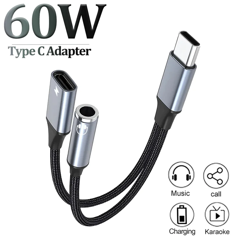 PD 60W USB C to 3.5mm AUX Cable Converter 2 In 1 Type C to 3 5 Wired Headphone Jack Adapter Audio Cable for iPhone Xiaomi Huawei