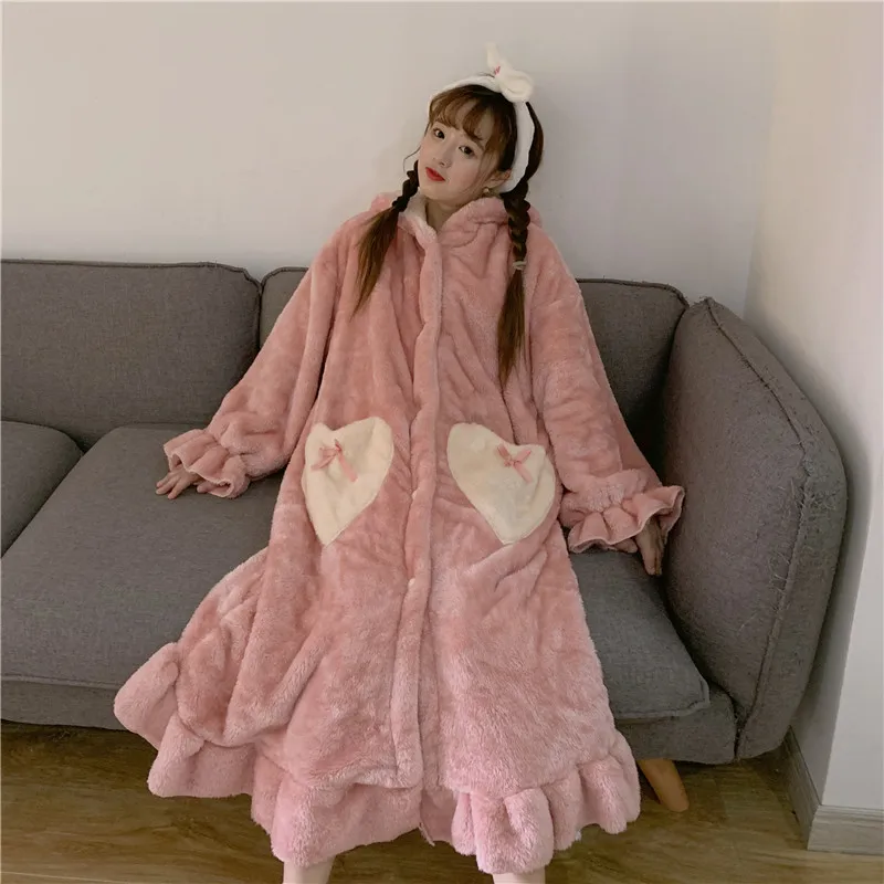 Victorian Peignoir Winter Fashion Warm Comfortable Midi Robe Women Sweet  Girl Cute Big Rabbit Ear Loose