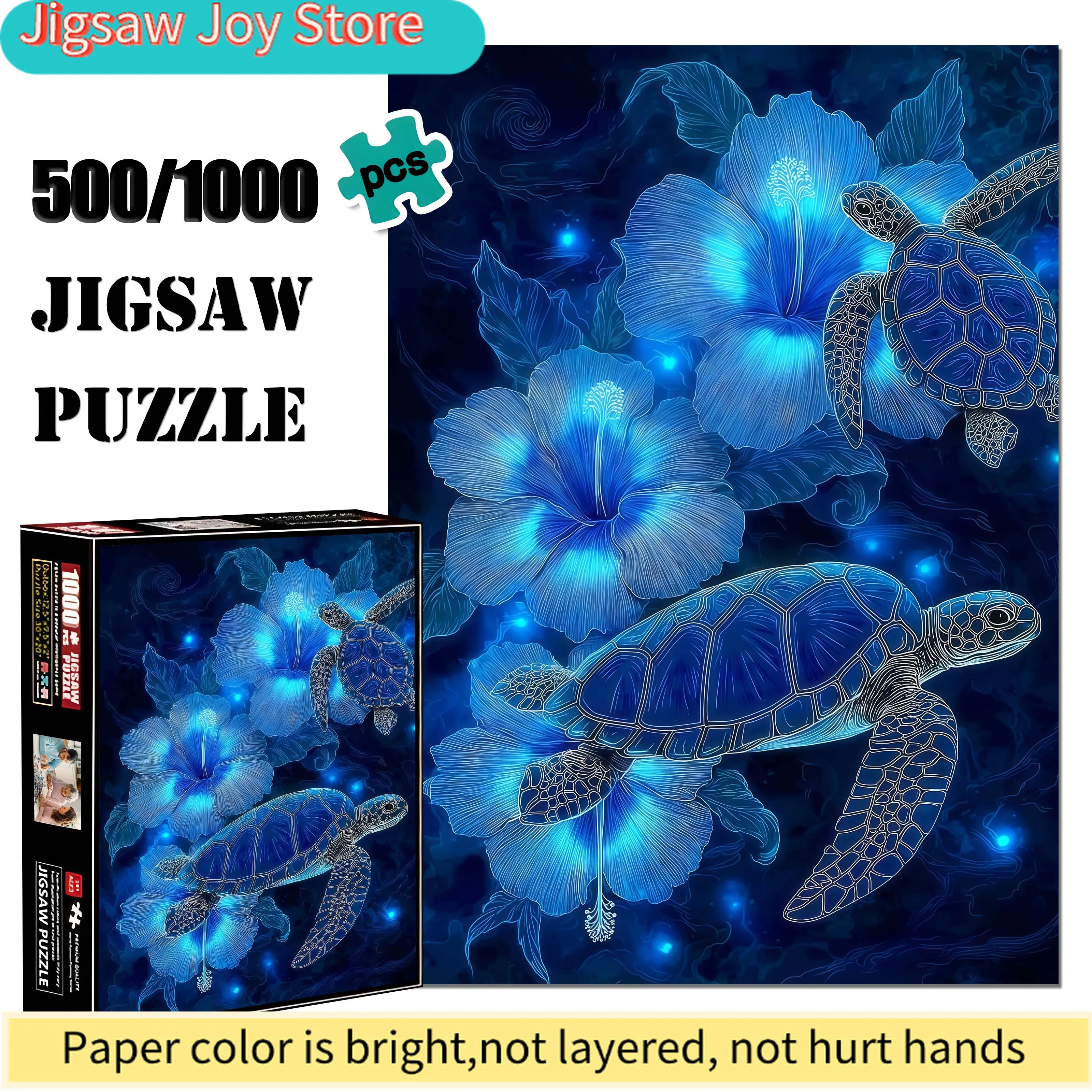 

1 Box of 500/1000pcs - Dreamy Ocean-Themed Paper Puzzle Featuring Sea Turtles And Blue Hibiscus Patterns, a Brain Challenge fo