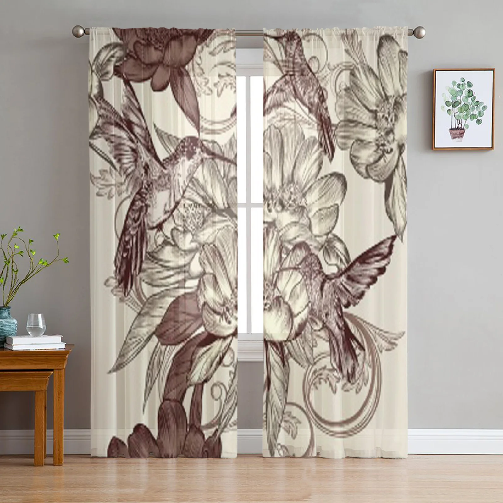 

Birds Flowers Sheer Curtains for Living Room Transparent Tulle Window Treatments Bedroom Kitchen Home Decor Veil Drapes