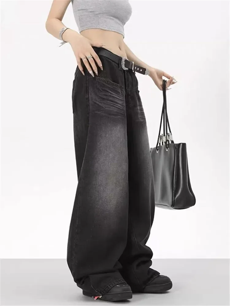 Oversized Retro Black Jeans Wide Leg Pants For Women Chic Y2K Low Waist Baggy Jeans Trouser Mens Barrel Jeans Streetwear