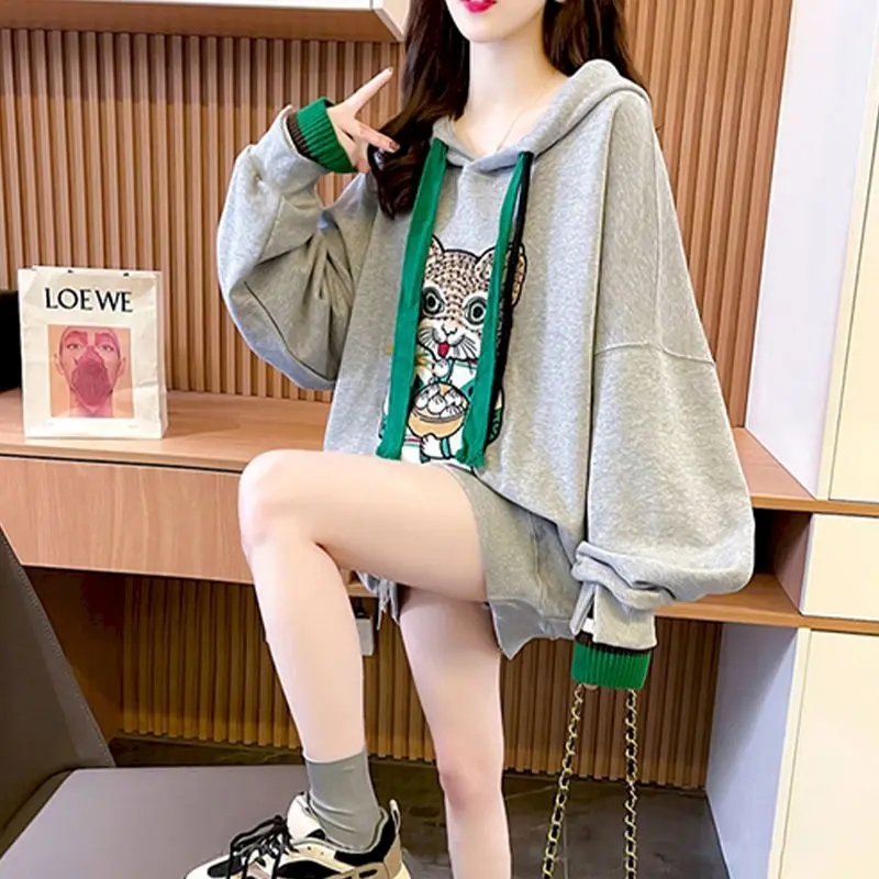 Kawaii Cartoon Print Hoodies Women Color Contrast Hooded Coats Mid-length Jacket 2024 Spring Autumn Trendy Loose Design Hoodie