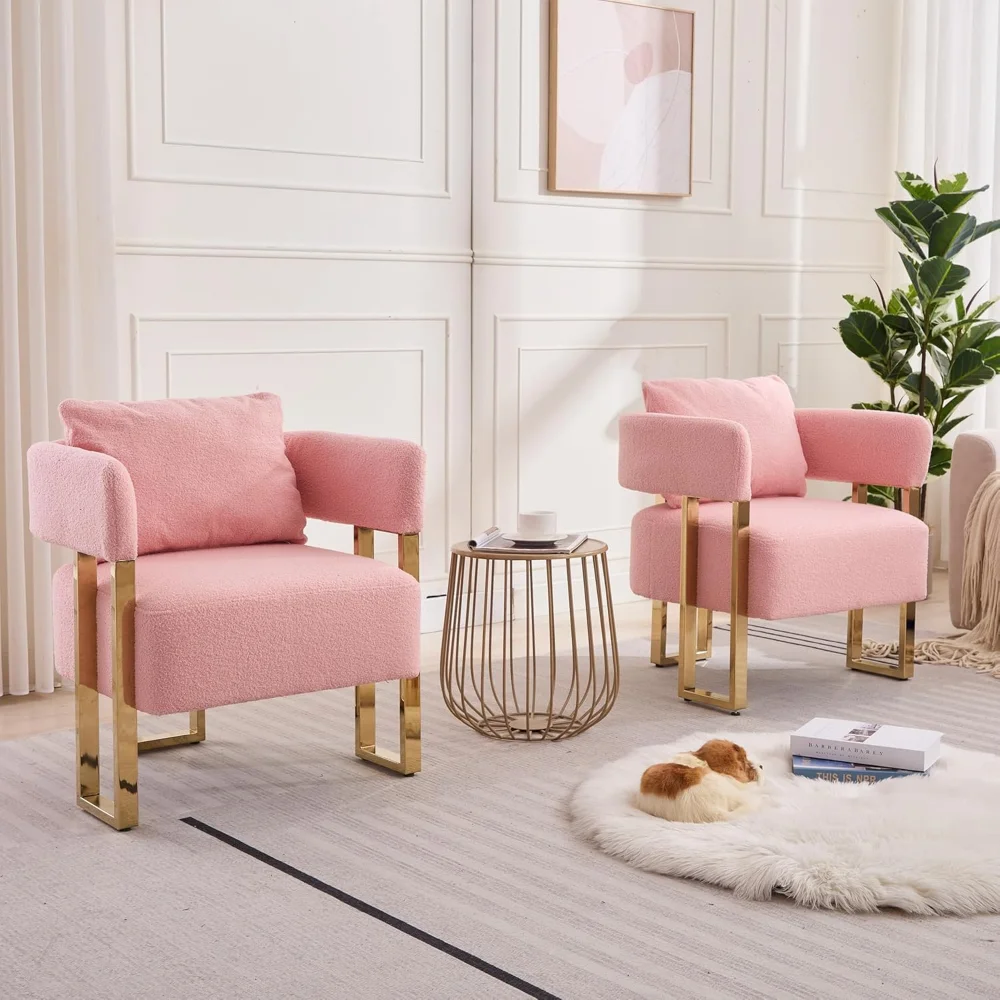 

Modern Barrel Accent Chairs Set of 2, Living Room Side Chairs with Golden Metal Legs Soft Teddy Upholstered Reading Armchairs no