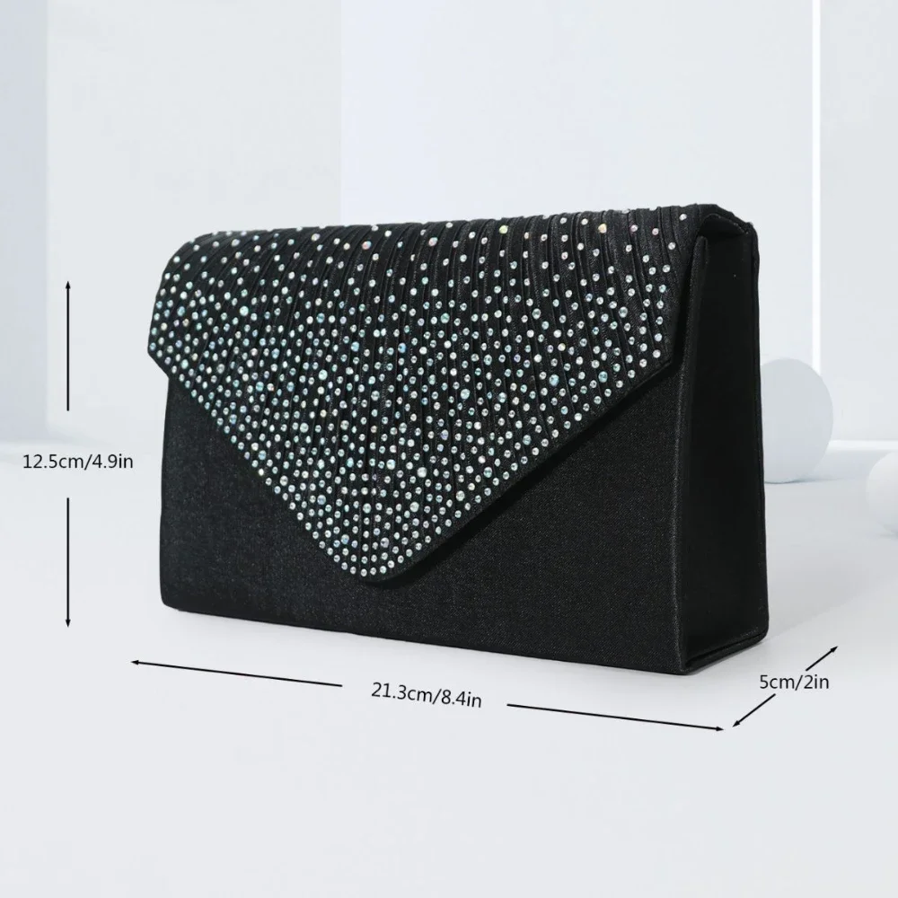 Elegant Rhinestone Evening Bag, Women\'s Ruched Clutch Purse, Luxury Flap Handbag For Wedding Party Prom Banquet