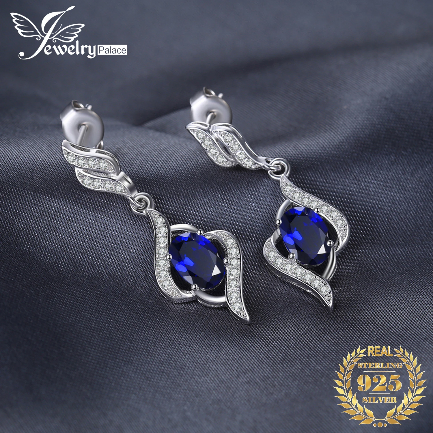 JewelryPalace Created Blue Sapphire Earrings 925 Sterling Silver Dangle Drop Earrings for Women Statement Gemstone Jewelry