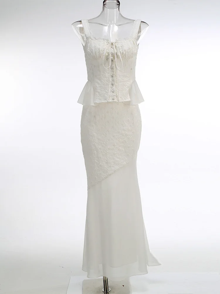 Sexy encaje con cuello en V cintura alta sin espalda ceñido al cuerpo Halter Maxi vestido blanco sin mangas vestido de invitados de boda elegante vestido de noche