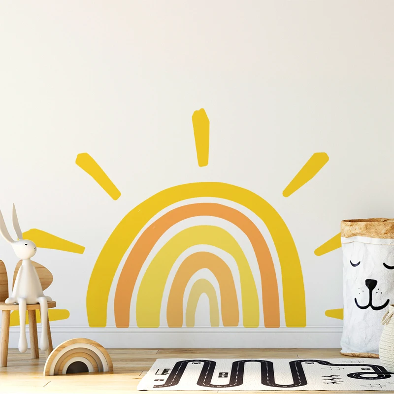 1set PVC Wall Decal Rainbow Pattern Wall Sticker For Home Wall Decor Creative Hand Drawn Sun Wall Stickers