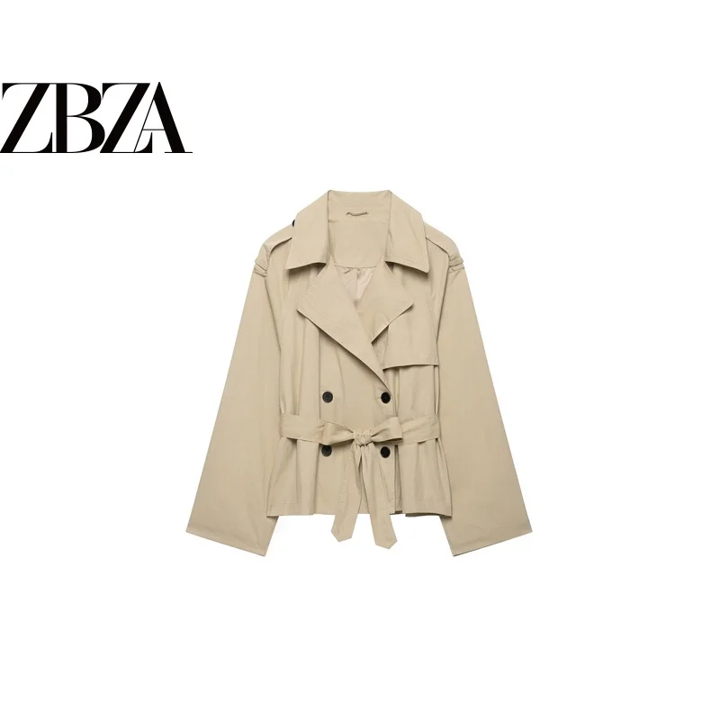 Fashionable Short Double-Breasted Jacket with Waist Belt Padded Shoulder ZR Wind Women's Clothing European Style Polyester Fiber