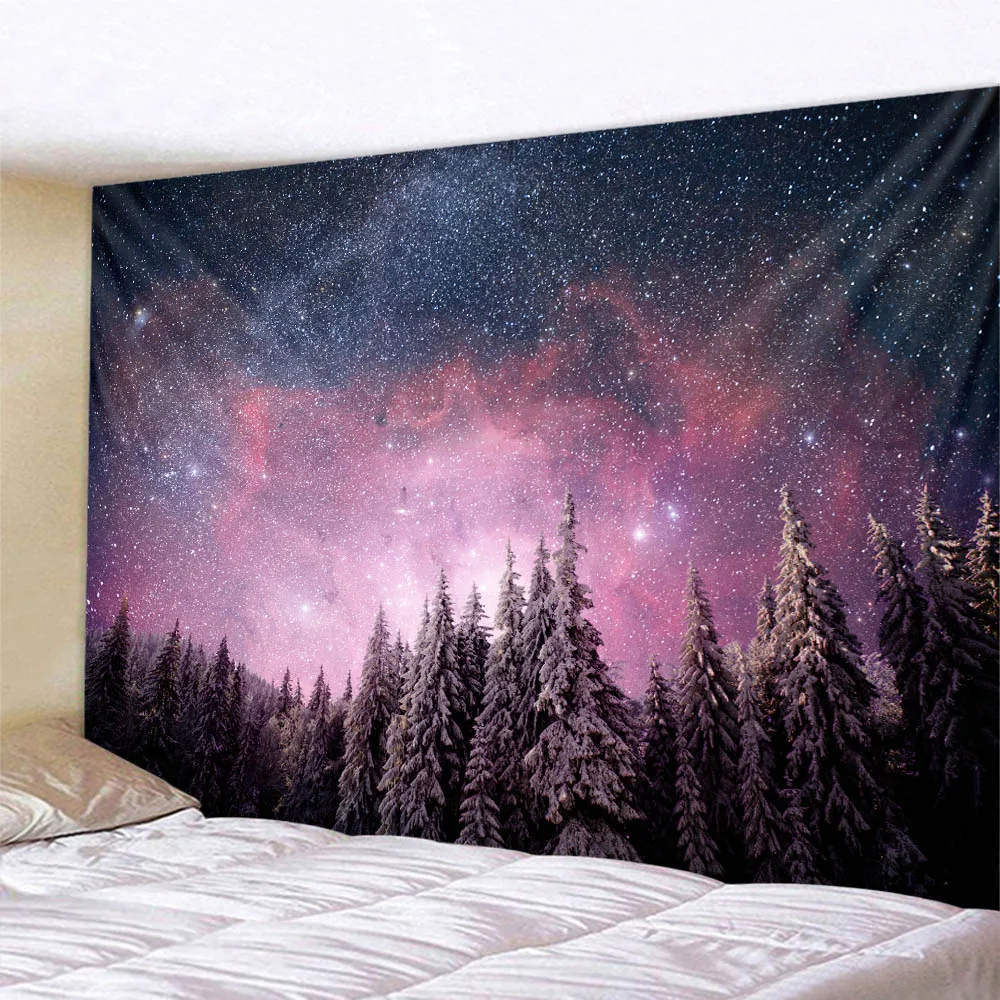 Starry Sky Forest Tapestry Wall Hanging, Christmas Eve, Snow Scene, Home Decoration, Living Room and Bedroom, Background Cloth