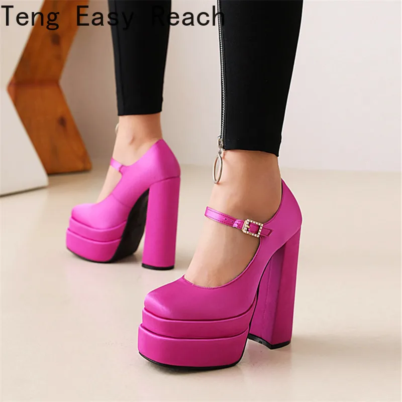 Fashion Waterproof Platform Square Toe Heel Satin Rhinestone Candy Color Sandals Big Size Party Wedding Sexy Thick High Heels