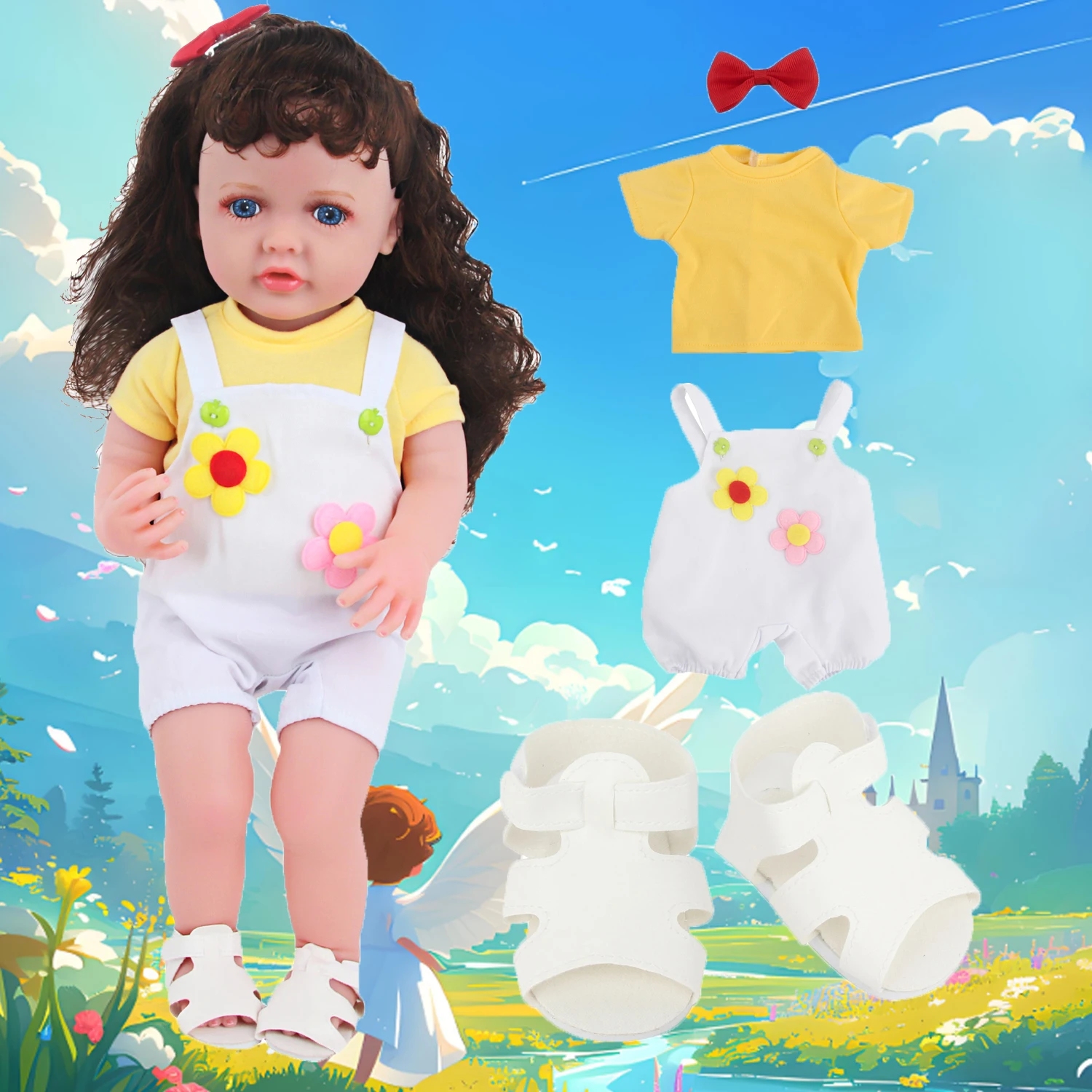 

55CM Reborn Girl Doll Clothes Set Flower Overall + Sneakers Suit Outfit For 22-inch Baby New Girl Dolls Accessories Toy Bear