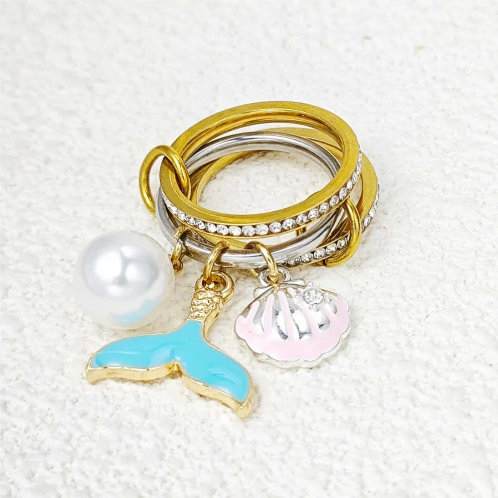 Mermaid Charms Rings Stack Set For Female Women Seashell Imitation Pearl Fishtail Pendant Stainless Steel Spinelli Ring Jewelry